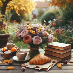 Bouquet of flowers, croissant, cup of tea or coffee, books on table in summer garden.