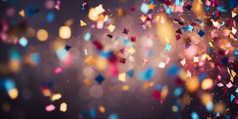 Closeup of colorful confetti falling in slow motion with a blurred background, Slow-Mo Celebration: Vibrant Confetti Closeup with Soft Focus Background - obrazy, fototapety, plakaty
