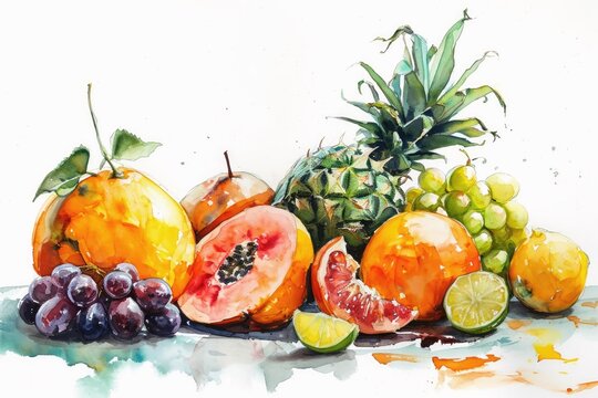Watercolor of fresh fruits on white.