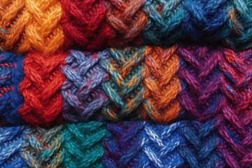 A close-up of a woolen product knitted with different plaid yarns, perfect for crafting hobbies such as knitting and needlework.