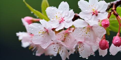 Beautiful branch of a blossoming cherry in transparent raindrops, on a blurry background, concept of Serene nature
