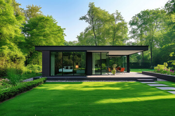 a beautiful modern minimalist mini house with a big grass lawn and garden