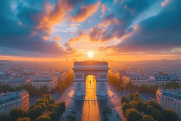 Arc de Triomphe in France, Paris, aerial view on a scenic sunset - obrazy, fototapety, plakaty