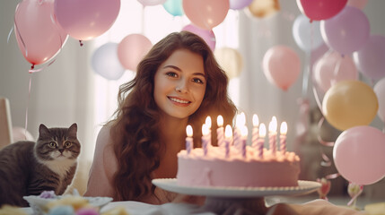 A happy young woman with a cat and a birthday cake with candles on the background of a room decorated with balloons in honor of her birthday