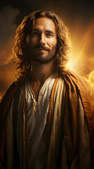 Naklejka premium Cinematic Jesus Christ, Against the background of fire