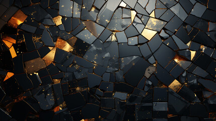 Step into a world of sophistication with the Dark black and Gold mosaic background, boasting a captivating modern abstract texture. - obrazy, fototapety, plakaty