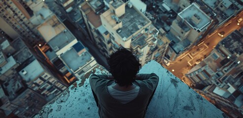 Male perched on the brink of a tall building or skyscraper and looking down