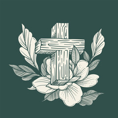Vector hand drawn illustration of wooden cross with flora ornaments
