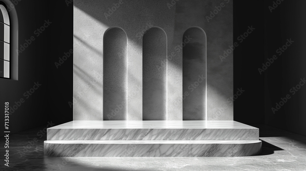 Poster 3d empty product display podium for presentations. a striking monochromatic gallery space highlighte