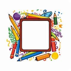 Colorful Picture Frame Surrounded by Pencils and Confetti