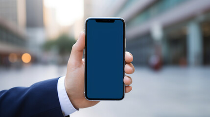 close up of a phone in a man's hand with a blank screen