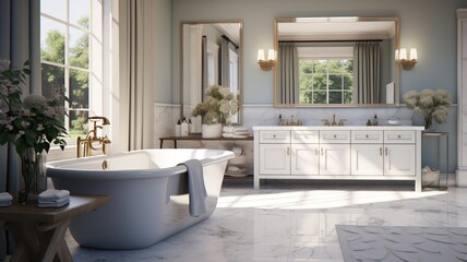 A tranquil bathroom with a freestanding tub, large mirrors, and soft, diffused lighting -Generative Ai
