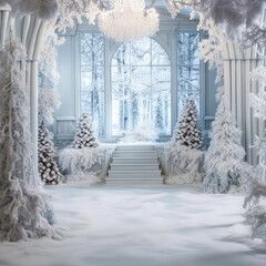 Winter Wonderland Room: Snow-Covered Floor, Forest of Trees, Seasonal Backdrop, Frosty Landscape, Snowy Interior, Enchanting Setting, Holiday Ambiance, Frozen Wonderland, Magical Forest, Winter Photo 