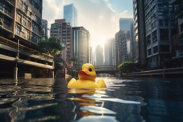 A rubber duck floating in a city setting. Generative AI - obrazy, fototapety, plakaty
