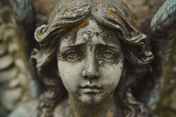 Sad face of angel statue portrait, emotional sculpture in cemetery