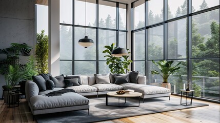Brightly lit room with a charcoal couch, center table and large window.