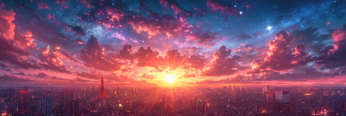 Fototapeta na wymiar A view of a city with a sunset and stars in the sky is a serene, enchanting image capturing the twilight beauty of urban landscape, suitable for city-themed designs.anime style