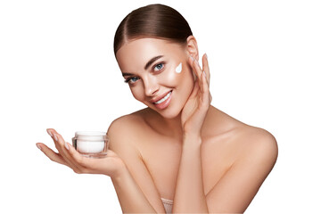 Beauty woman applying cream on her face. Young woman with clean fresh skin. Model with a jar of...