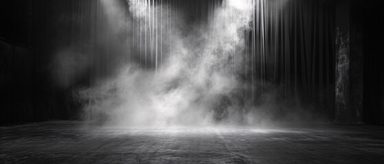Empty stage with monochromatic colors, dynamic lighting design and atmospheric smoke, offering a dramatic and artistic visual.