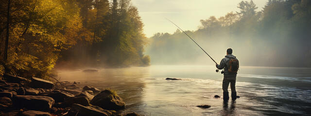 a fisherman catches fish on a lake-river. - obrazy, fototapety, plakaty