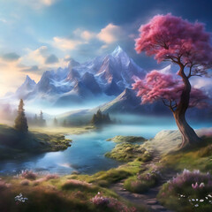 This fantastic and magical nature landscape would make for an enchanting wallpaper. AI Generated