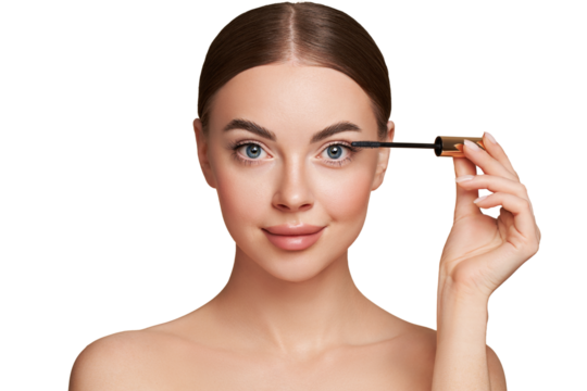 Beauty woman applying black mascara on eyelashes with makeup brush. Eyelash extensions. makeup, cosmetics. Beauty skincare