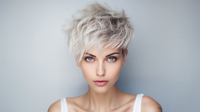 Beautiful woman with modern short hair style with space background for ads