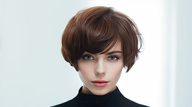 Beautiful woman with modern short hair style with space background for ads