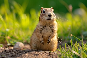 Russian meadow with a Spermophilus musicus or Caucasian Gopher.