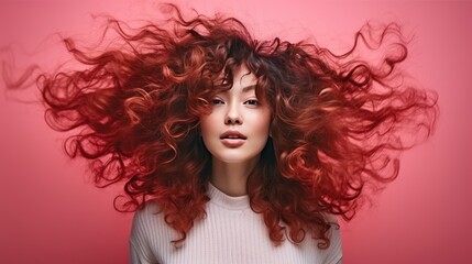 Fototapeta premium Beautiful woman with modern curly long hair style with space background for ads