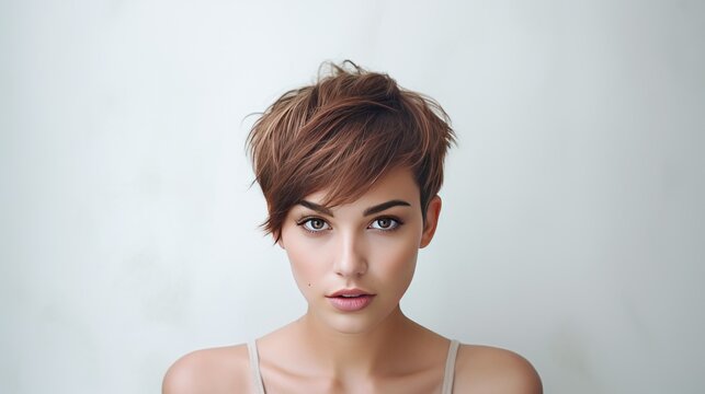 Beautiful woman with modern short hair style with space background for ads