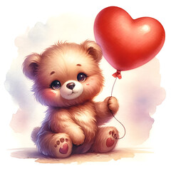 cute teddy bear holding heart balloon watercolor valentine illustration