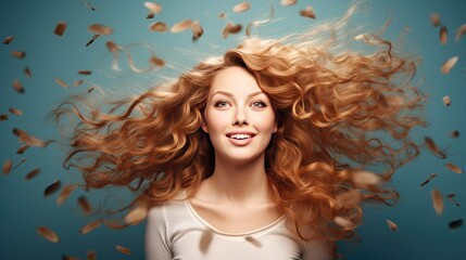 Beautiful woman with modern curly long hair style with space background for ads