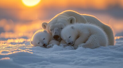 A polar bear mother and cub resting on a snowy field with golden sunlight.
