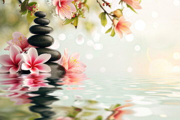 Spa treatment background with flowers and massage stones reflected in the water 