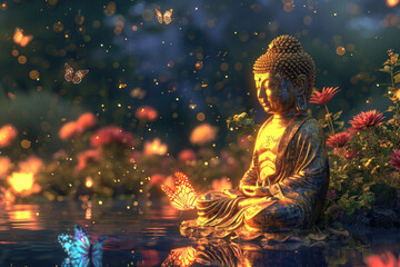 a big glowing golden buddha statue with glowing nature background, multicolor flowers, butterflies