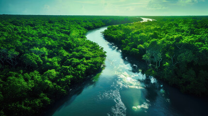 Naklejka na ściany i meble Mangrove Marvel: Aerial Wonders of the Sundarbans Ecosystem