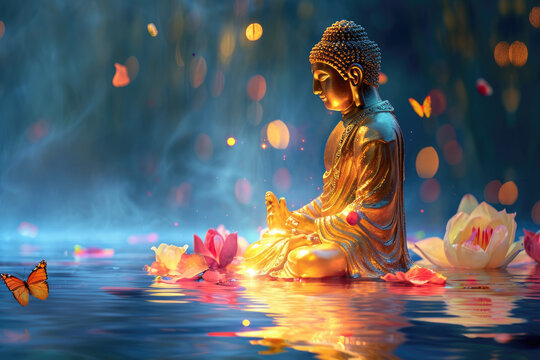 a big glowing golden buddha statue with glowing nature background, multicolor flowers, butterflies