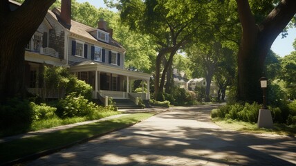 A tree-lined suburban street, each house adorned with unique architectural styles, capturing the essence of a diverse community -Generative Ai