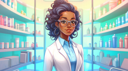 Confident African American Female Pharmacist in Medical Uniform Standing Against Blurred Shelves. Healthcare and Medicine Concept in a Drugstore Background.