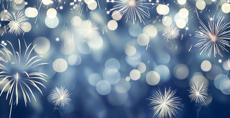 Dark blue background with bokeh lights and holiday fireworks. - obrazy, fototapety, plakaty