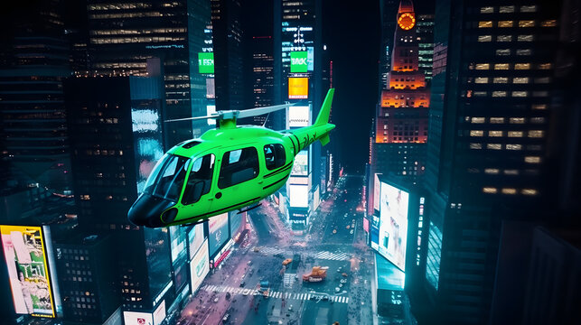 Helicopter Night Tour of New York City. Illuminated Times Square with Green Screen Mock Up Advertising Templates and Tourists Enjoying Manhattan Nightlife and Admiring the Landmark