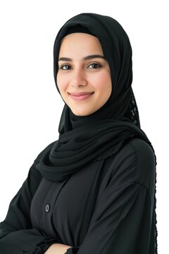 Muslim woman smiling on white background, culture and religion concept.