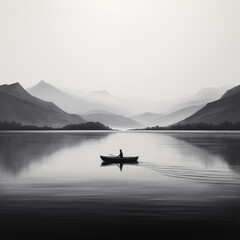 Lakeside Tranquility: Minimalist Black and White Oil Painting of a Canoe and Landscape