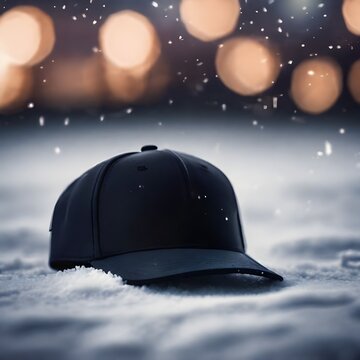 Baseball Hat Lies on the Snowy Ground Against an Abstract Out-of-Focus Stadium Bokeh Light