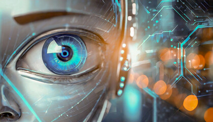 Close-up of blue robot eye. Data acquisition, spying concept - artificial intelligence in digital era information analysis and investigation template