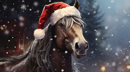 a horse in a Santa Claus hat. year of the horse concept