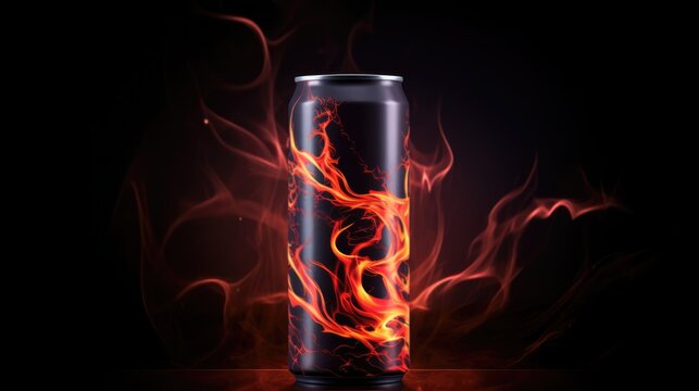 Can of energy drink mockup, fire on the black background