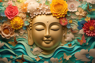 a big glowing golden buddha face with glowing nature background, multicolor paper flowers, butterflies