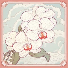 Ivory orchid and cloud cute square pattern, in the style of minimalist line drawings